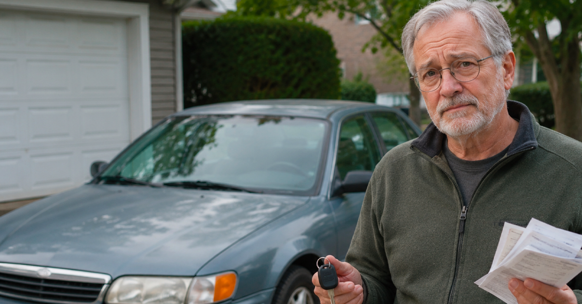 Retired man on driveway with car and a bill in his hand