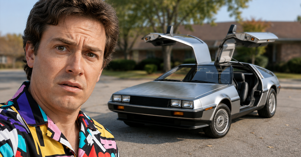 AI-generated image of a puzzled man posing beside a silver DeLorean DMC-12 with raised gullwing doors