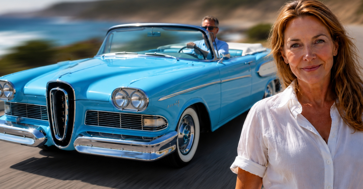 Ford Edsel driving, Woman in foreground looking at camera