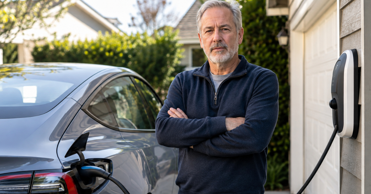 Man charging car in driveway, looking at camera