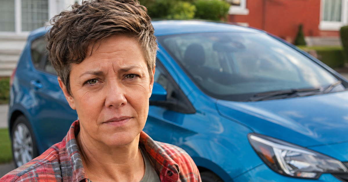 AI-generated image of a woman with short hair, standing next to a blue car