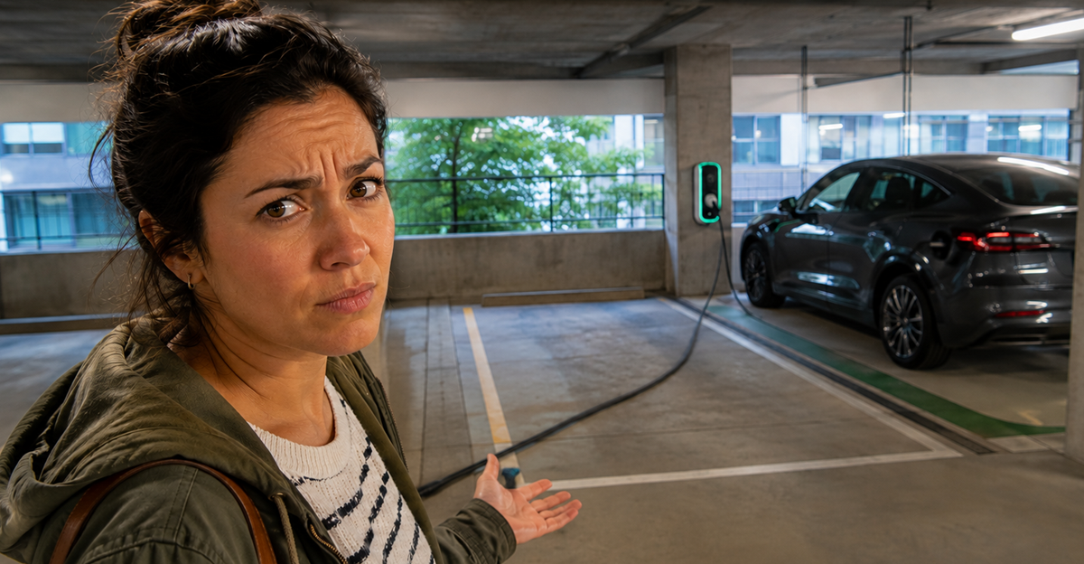 woman annoyed at premium EV parking spot