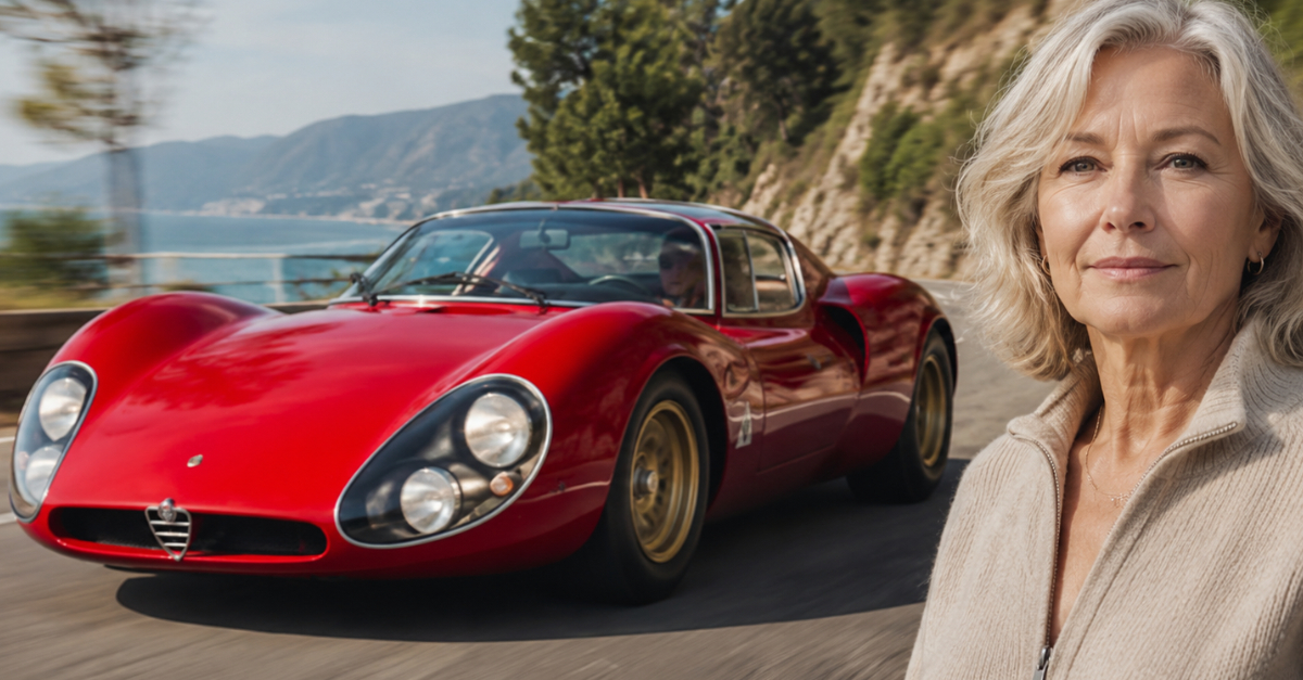beautiful red sports car, woman in foreground looking at camera