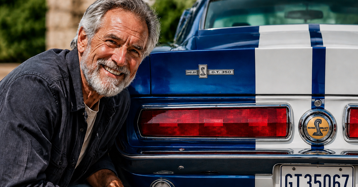 AI-generated image of a man crouched down beside a blue 1967 Shelby Cobra GT350.
