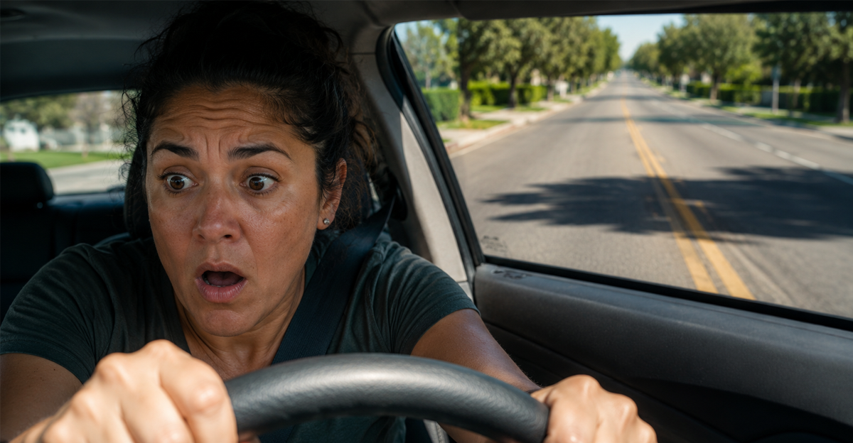 woman driving car shocked that her auto brakes went off due to a shadow