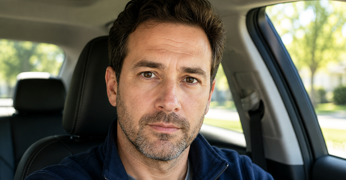 AI-generated image of a man sitting in his new used car.