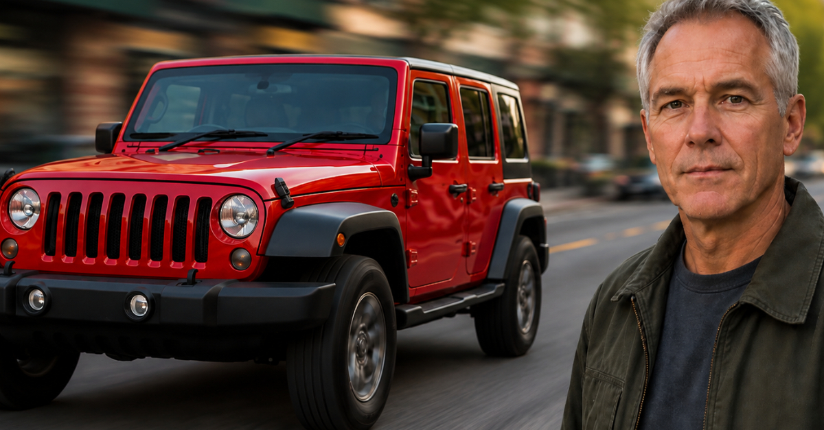 Red Jeep on road, man in foreground looking at camera