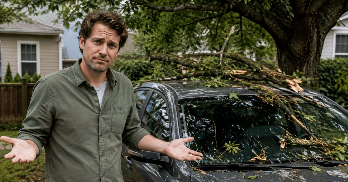 Frustrated Homeowner Surveys Storm-Damaged Car