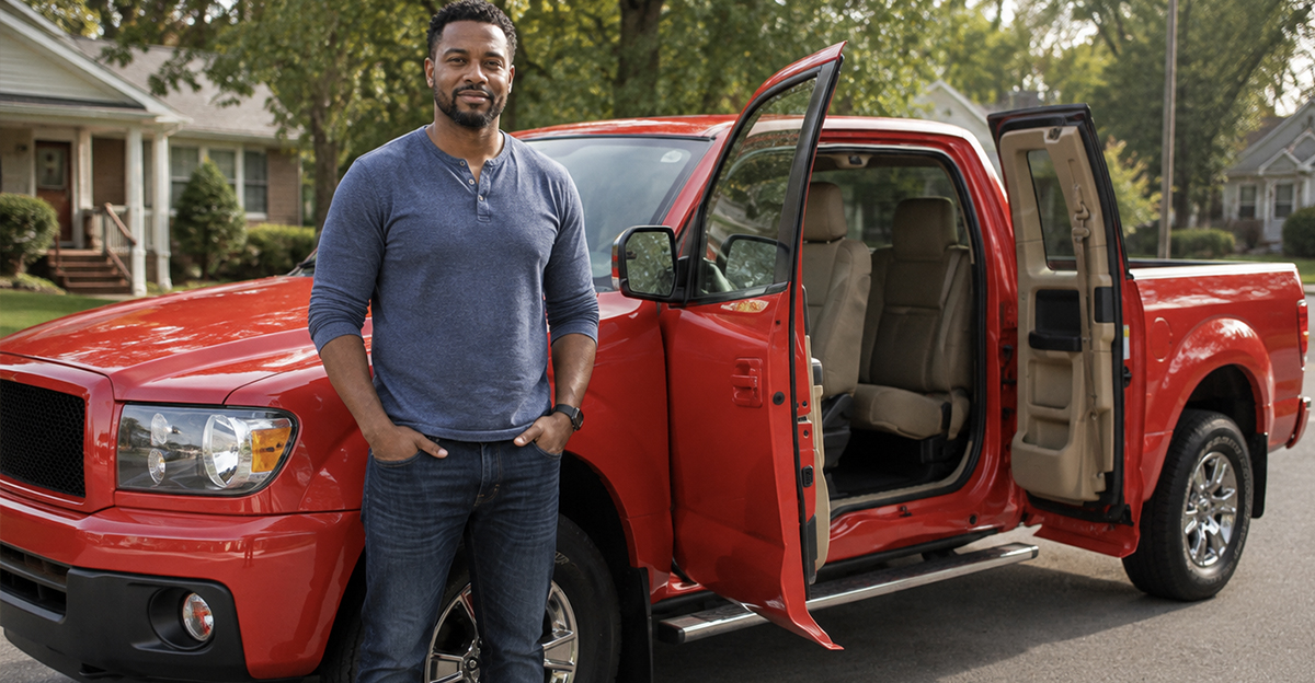 AI-generated image of a man standing in front of an F-150 pickup truck with rear-hinged doors.