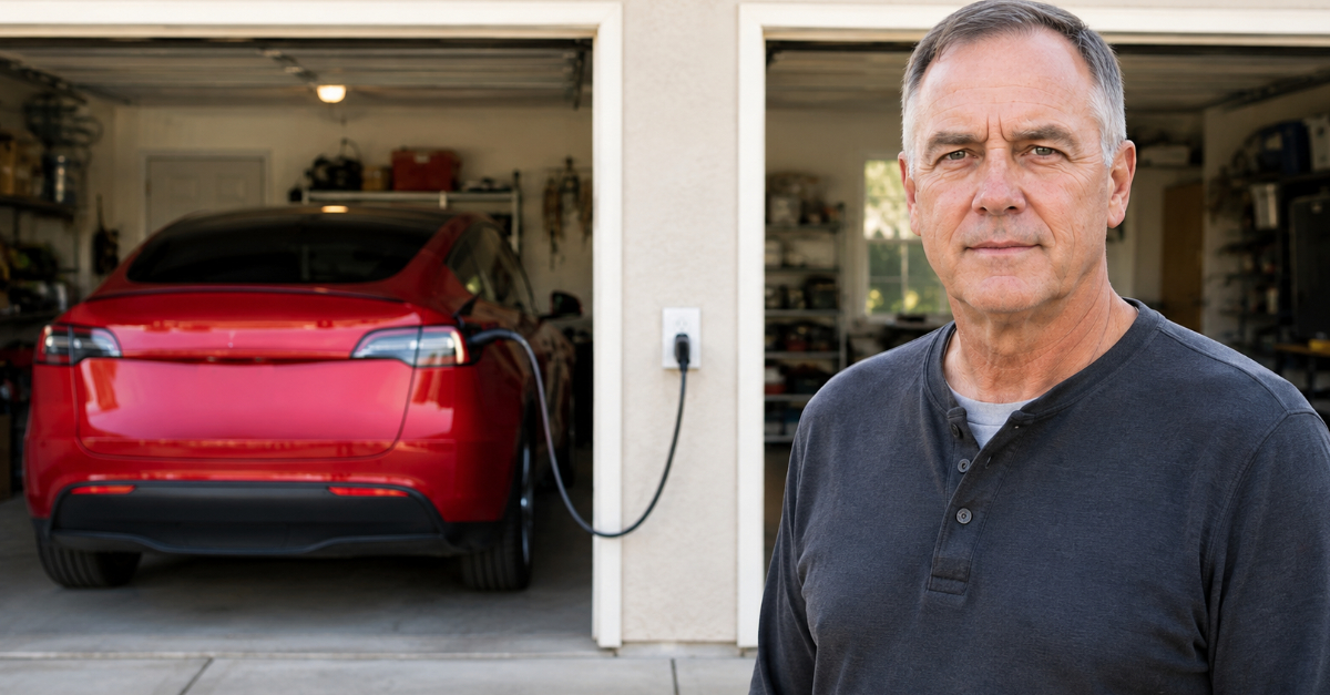 red EV charging in garage, man in foreground looking at camera