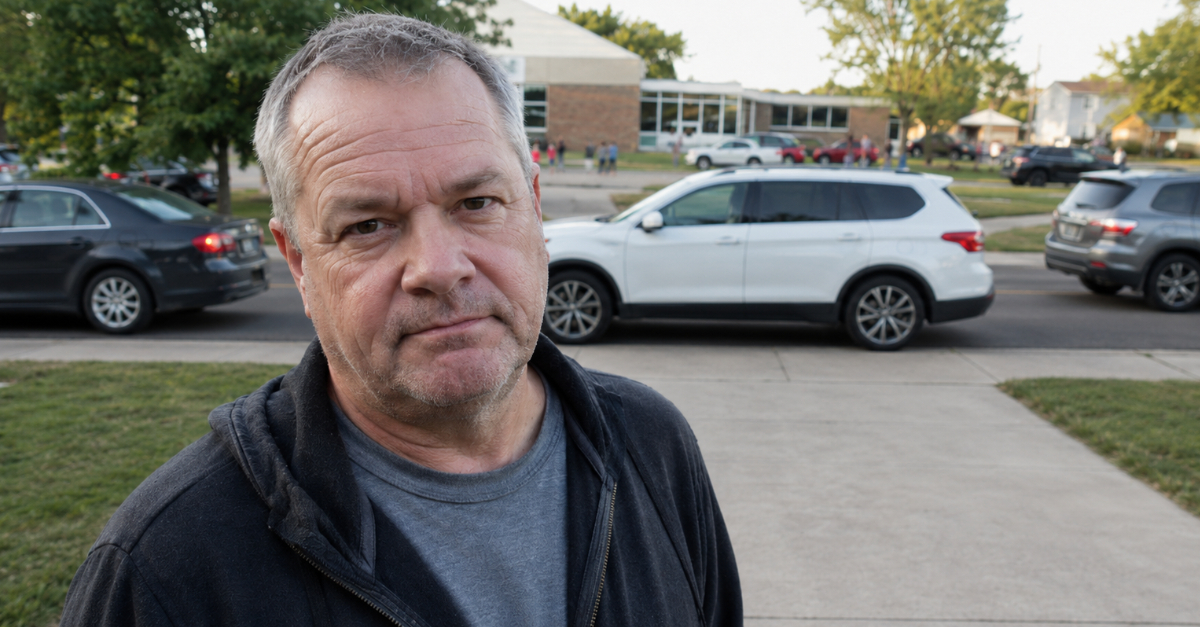 Car blocking driveway, man in foreground looking at camera