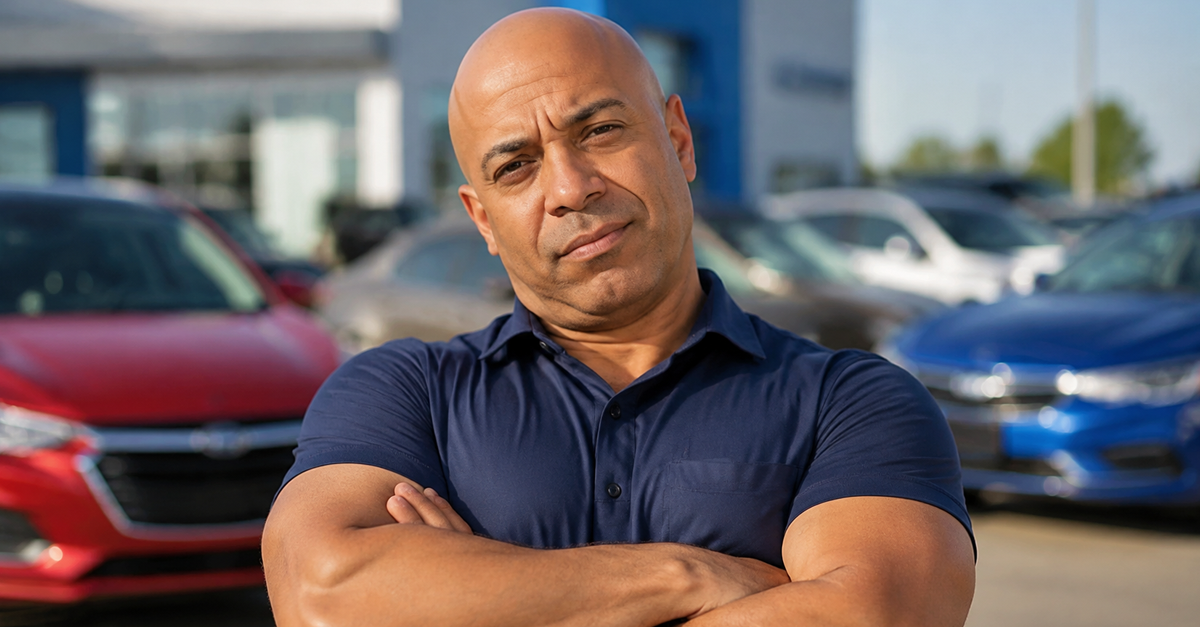 AI-generated image of a man with armed crossed at a car dealership