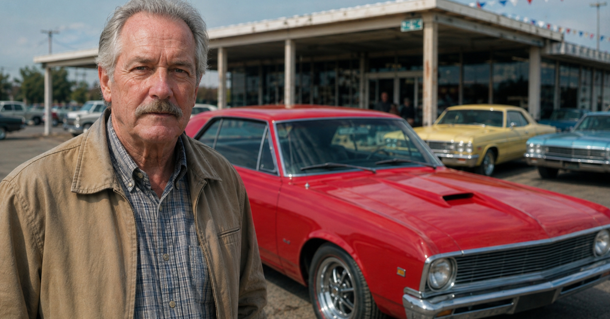 Boomer man in 1970s car lot