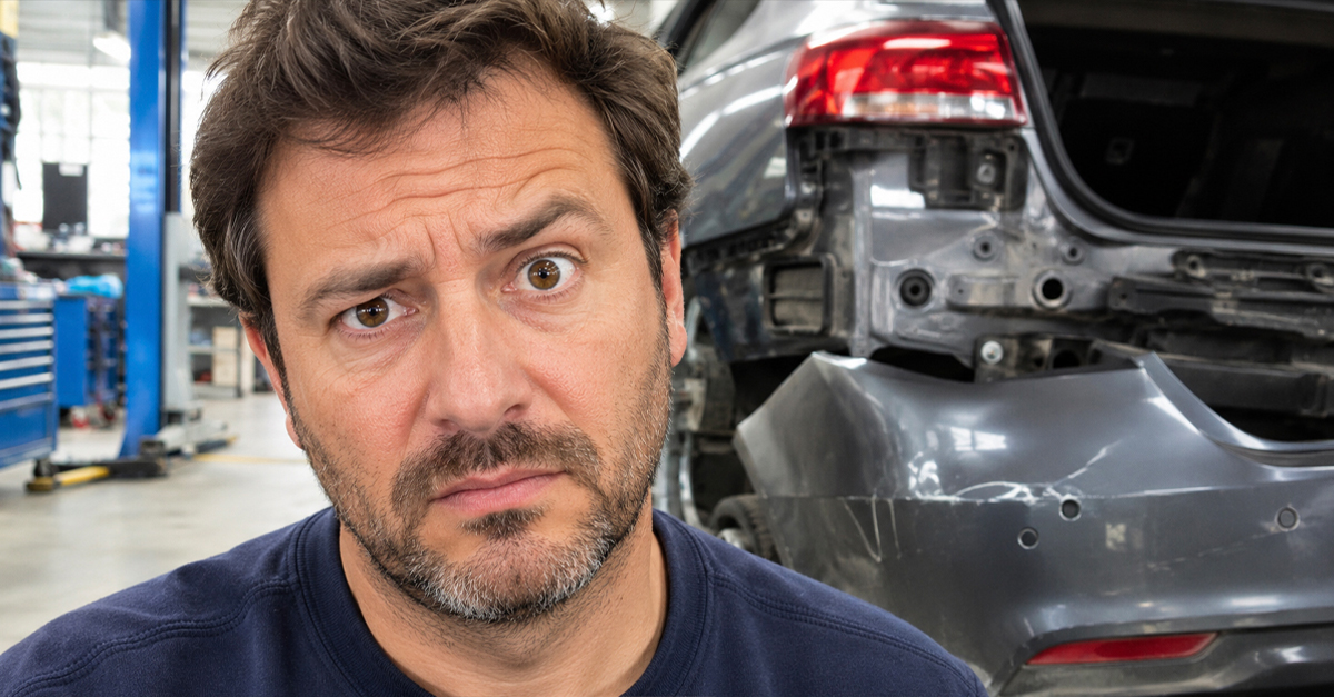 Confused middle-aged man, with a damaged car bumper in the background.