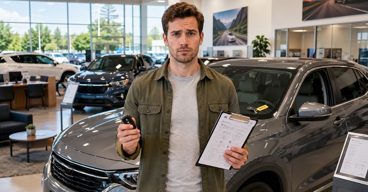 man holding documents and key fob inside a dealership