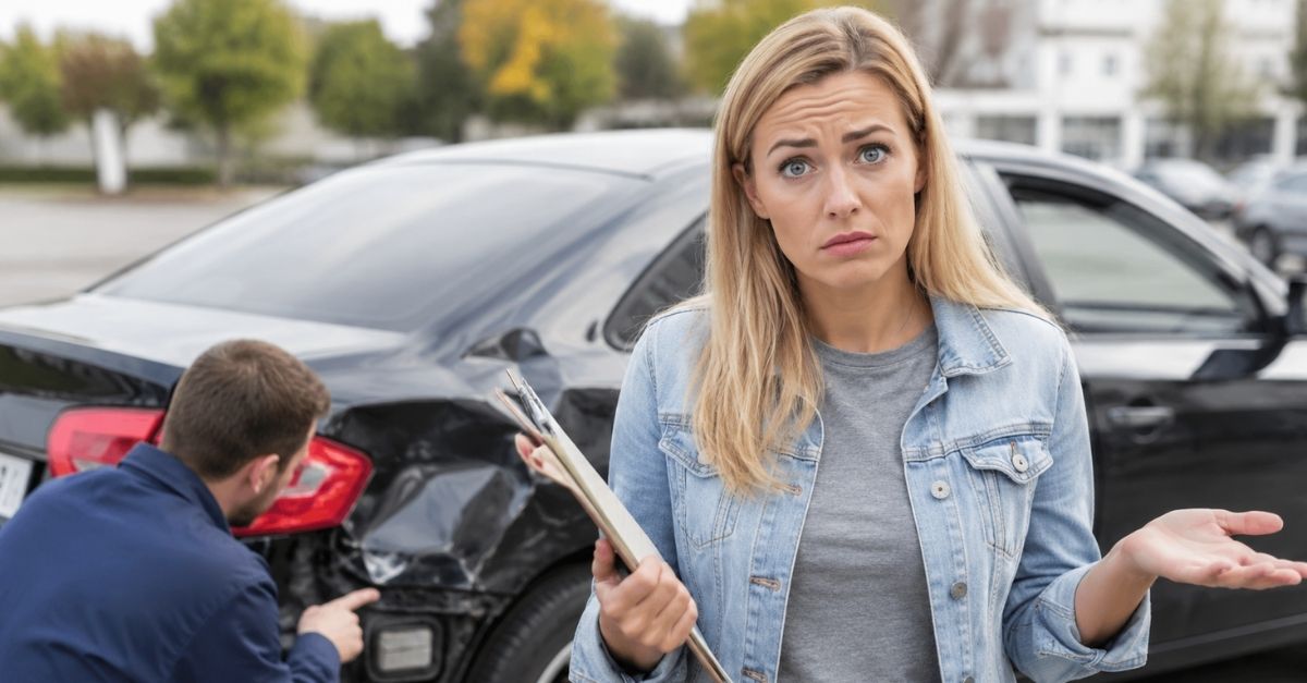 Confused Driver Inspecting Damaged Car