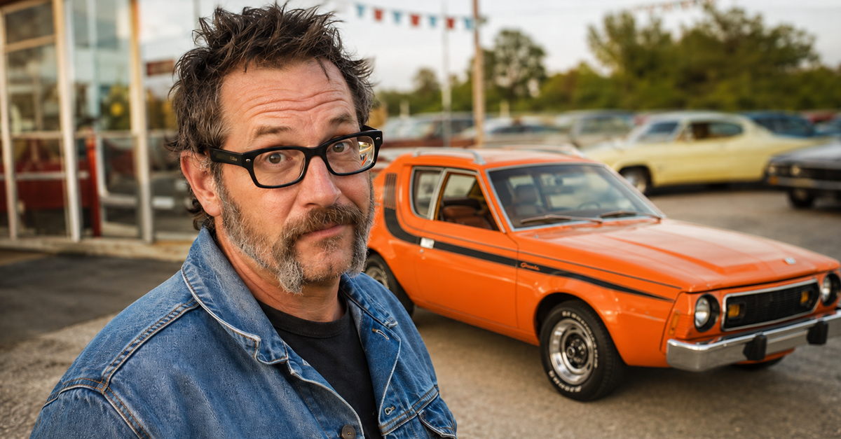 AI-generated image of a man standing next to an orange AMC Gremlin