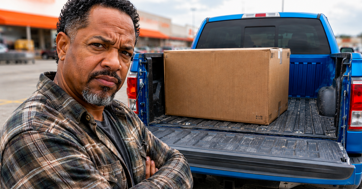 AI-generated image of a man standing next to a blue pickup with the tailgate down