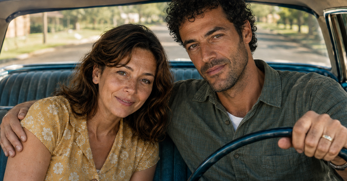 A couple in the front seat of an old car with a bench seat.