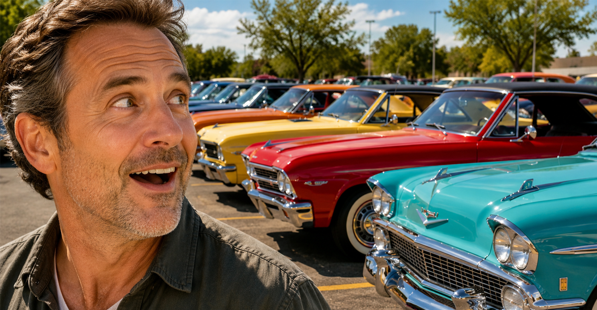 man excited about colorful classic cars