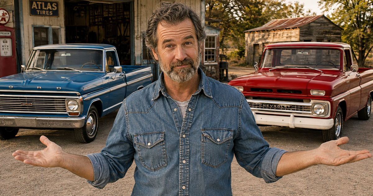 Man comparing classic pickup trucks