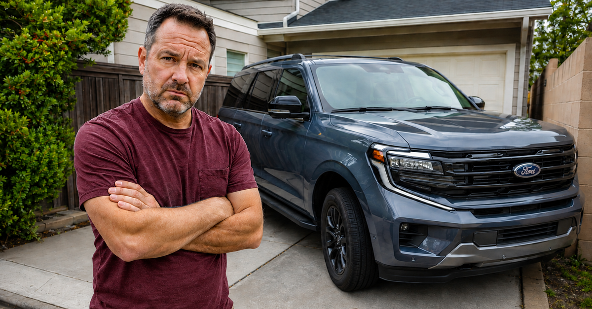 AI-generated image of a man with armed crossed, standing next to a Ford Expedition