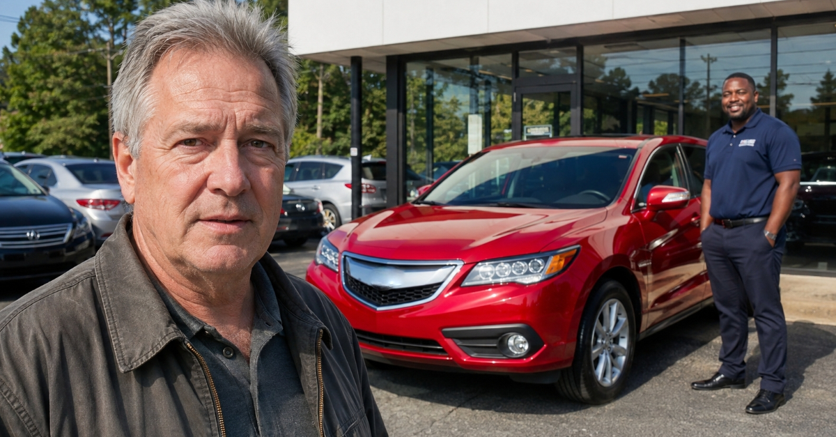 man at car dealership looking at camera