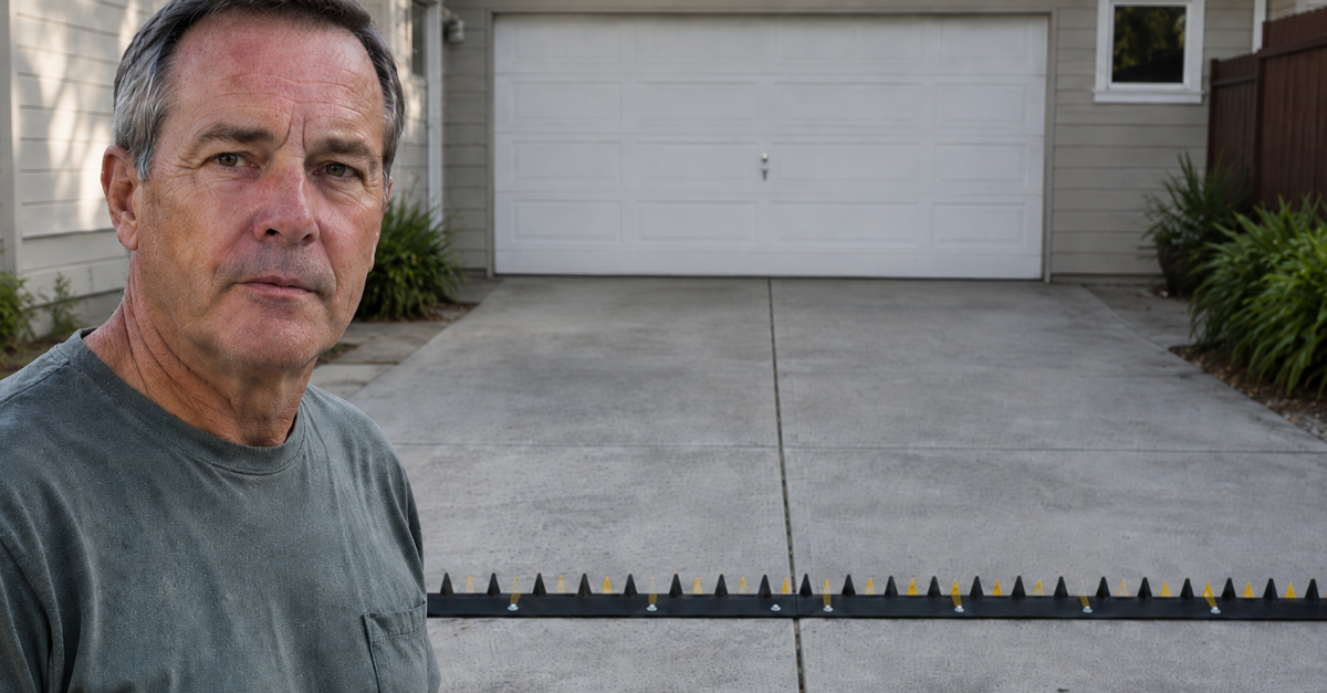 man looking at camera, spike strip on his driveway