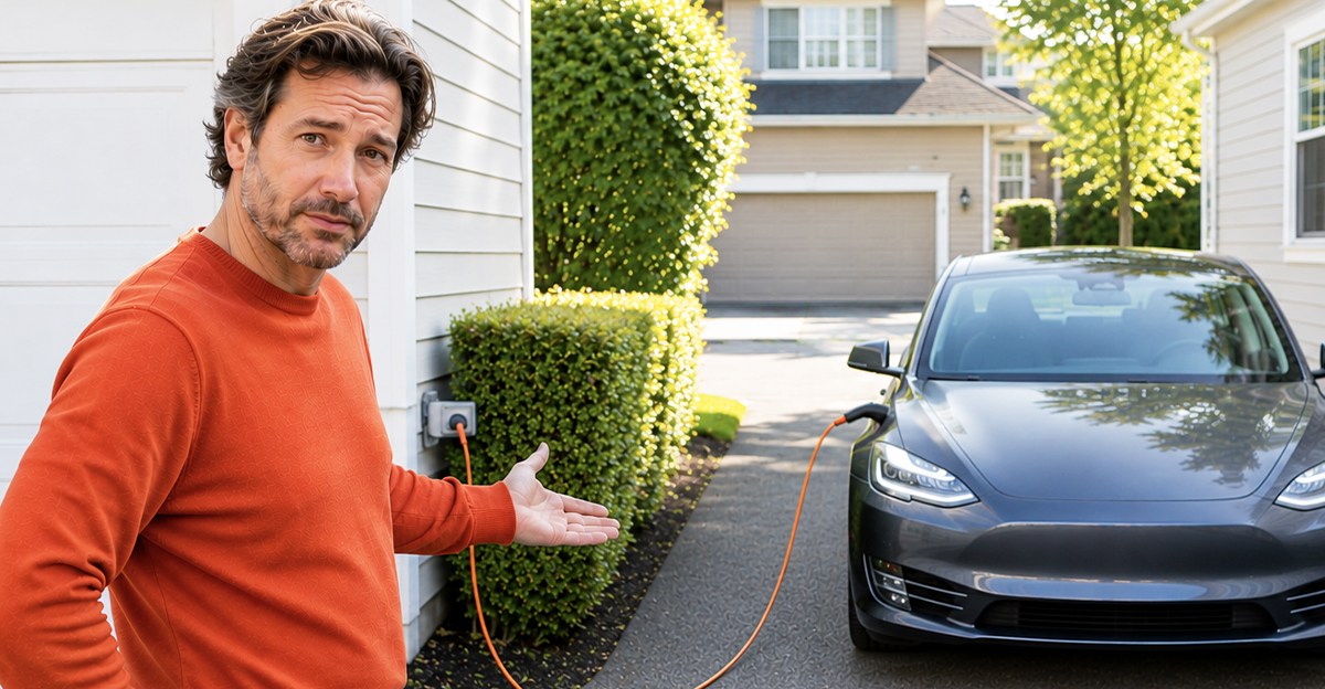 AI-generated image of a man worried about his neighbor using an extension cord to charge their electric vehicle.