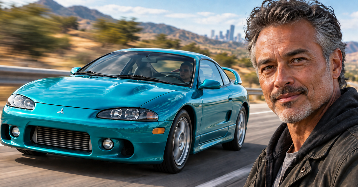 AI-generated image of a man standing next to a 1998 teal Mitsubishi Eclipse