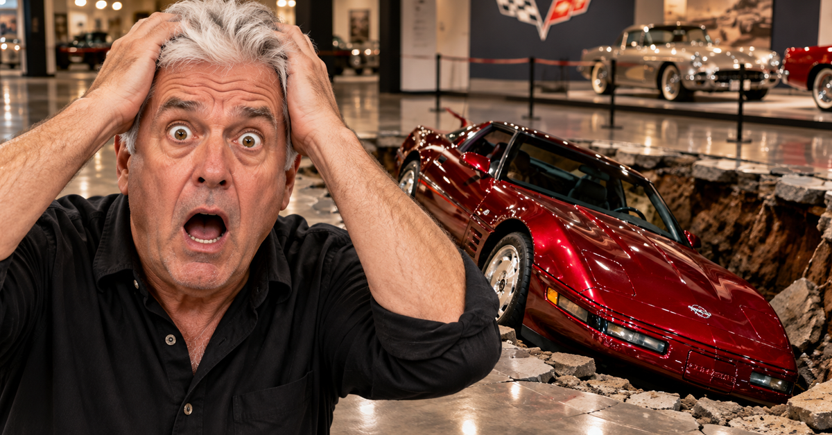 AI-generated image of a shocked man standing next to a Corvette in a sinkhole