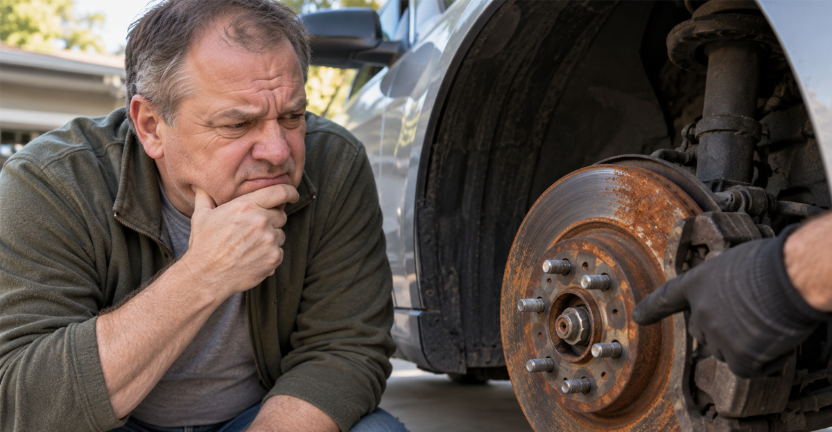 man concerned about rusted brakes on car