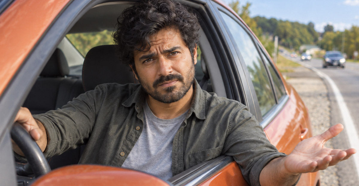 AI-generated image of a man worried about his "as is" used car and the check engine light.