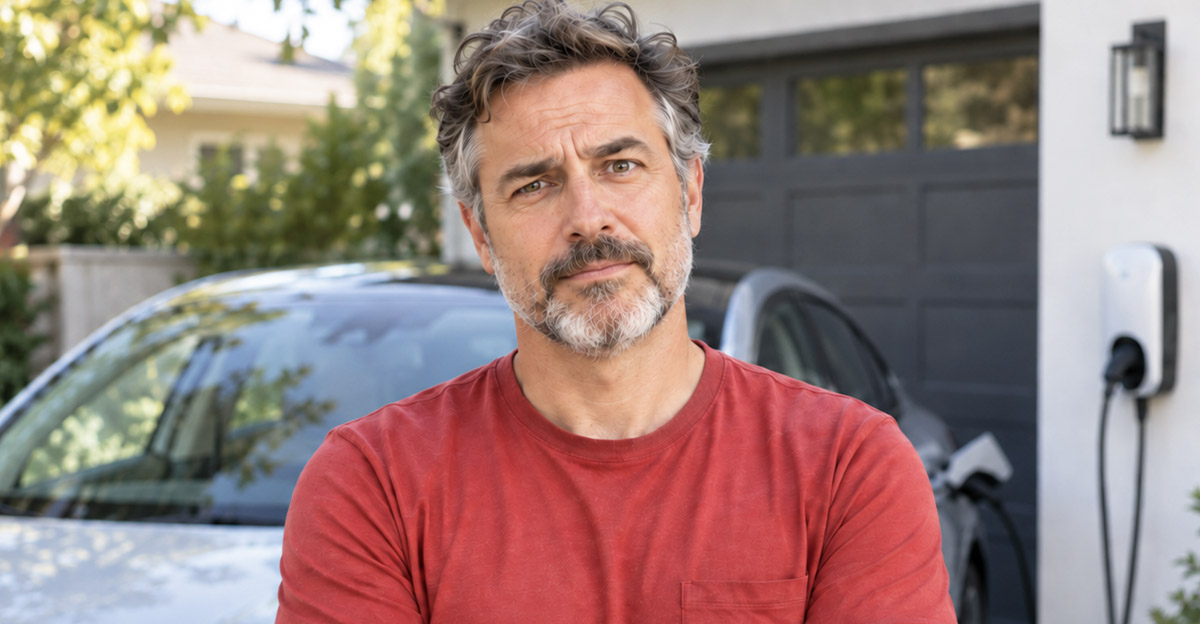 AI-generated image of a man worried that his EV charger is too slow.