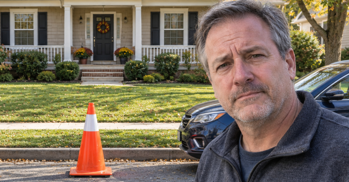 Orange cone on residential street, Man foreground looking at camera