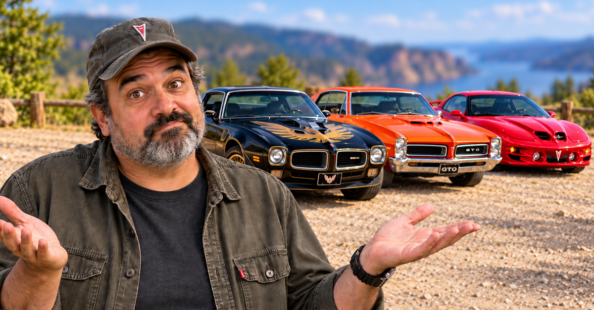 AI-generated image of a shrugging man with Pontiac Firebird, GTO, and Trans Am