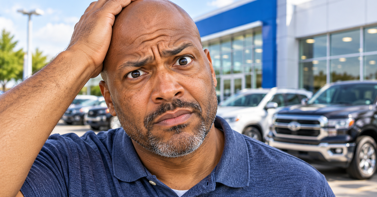 AI-generated image of a stressed man outside a car dealership