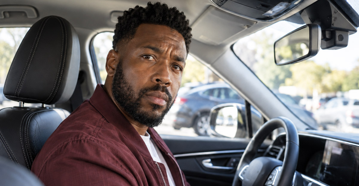 AI-generated image of a man sitting in his new car, wondering how much surveillance tech is installed.