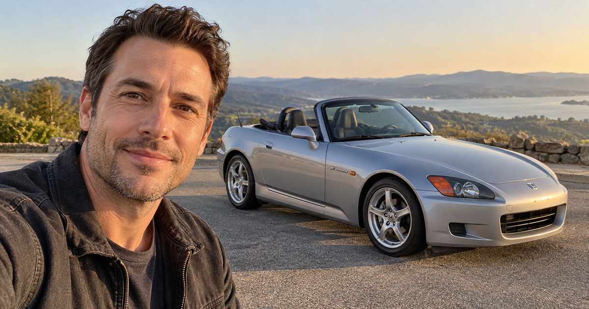 A man poses beside a silver Honda S2000 at a scenic mountain overlook.
