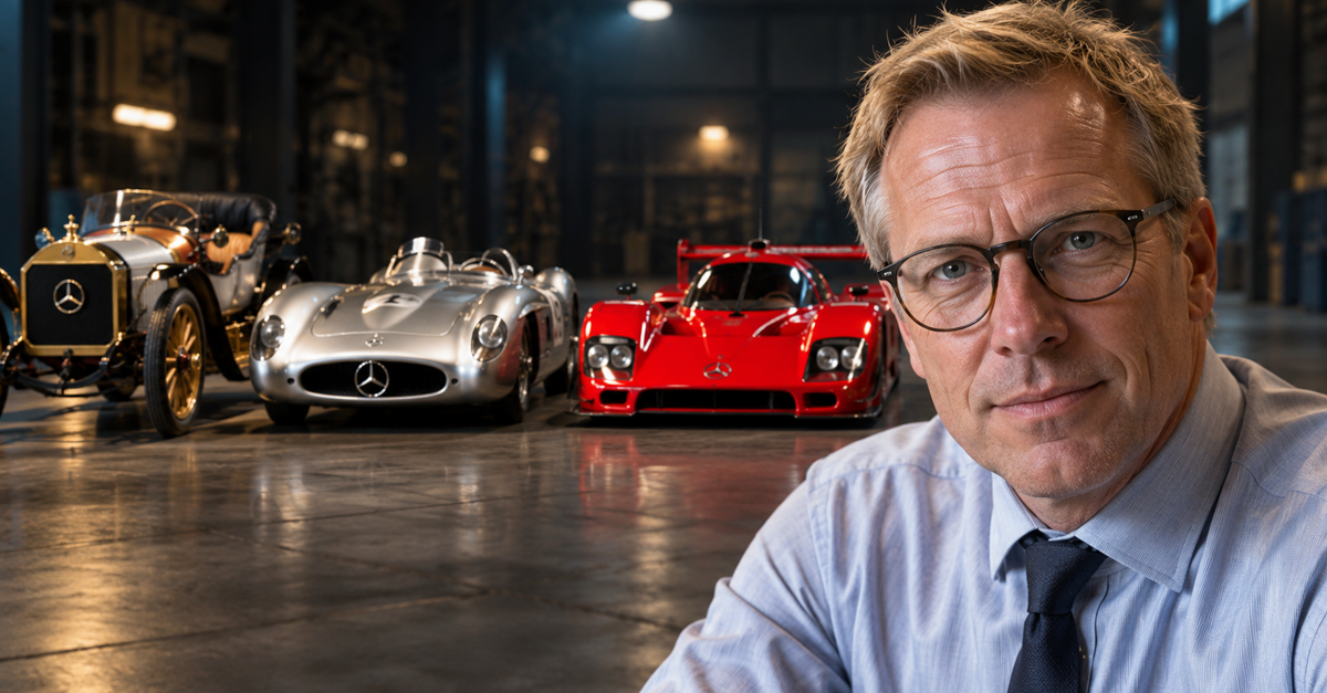 AI-generated image of a man next to a Mercedes Simplex, Silver Arrow, and Sauber C9