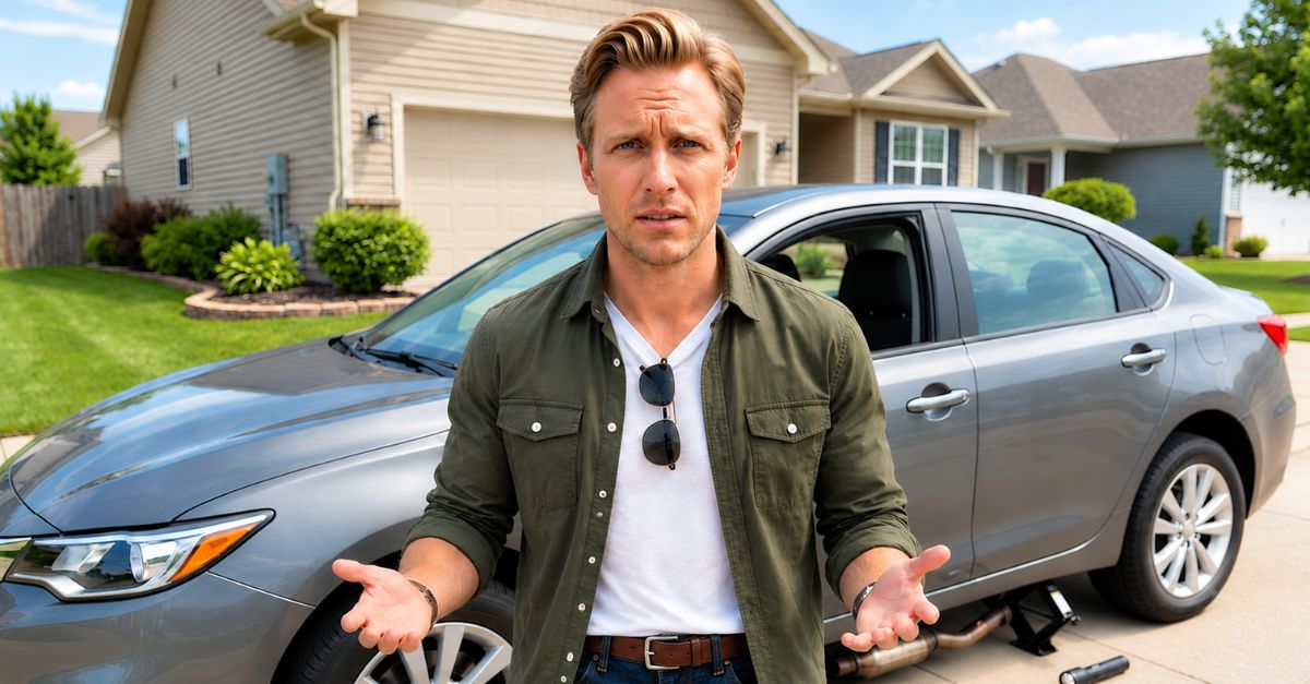 helpless man standing in front of his car