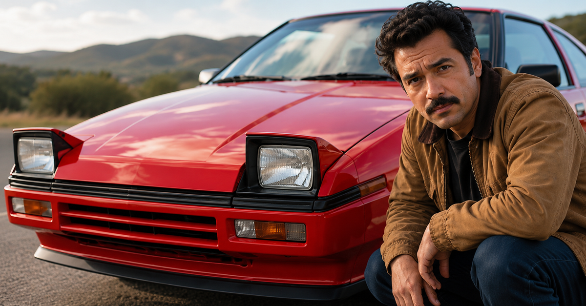 AI-generated image of a man crouched down next to a red Subaru XT