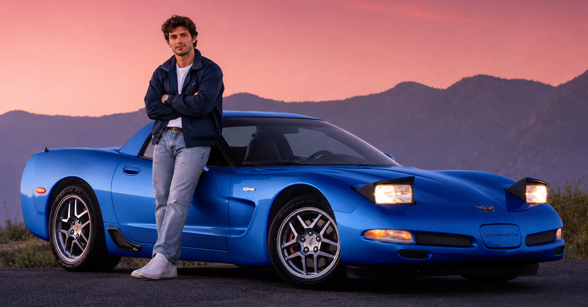 AI-generated image of a man leaning against a blue C5 Chevrolet Corvette