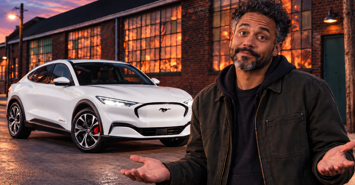 AI-generated image of a man shrugging beside a white Ford Mustang Mach-E