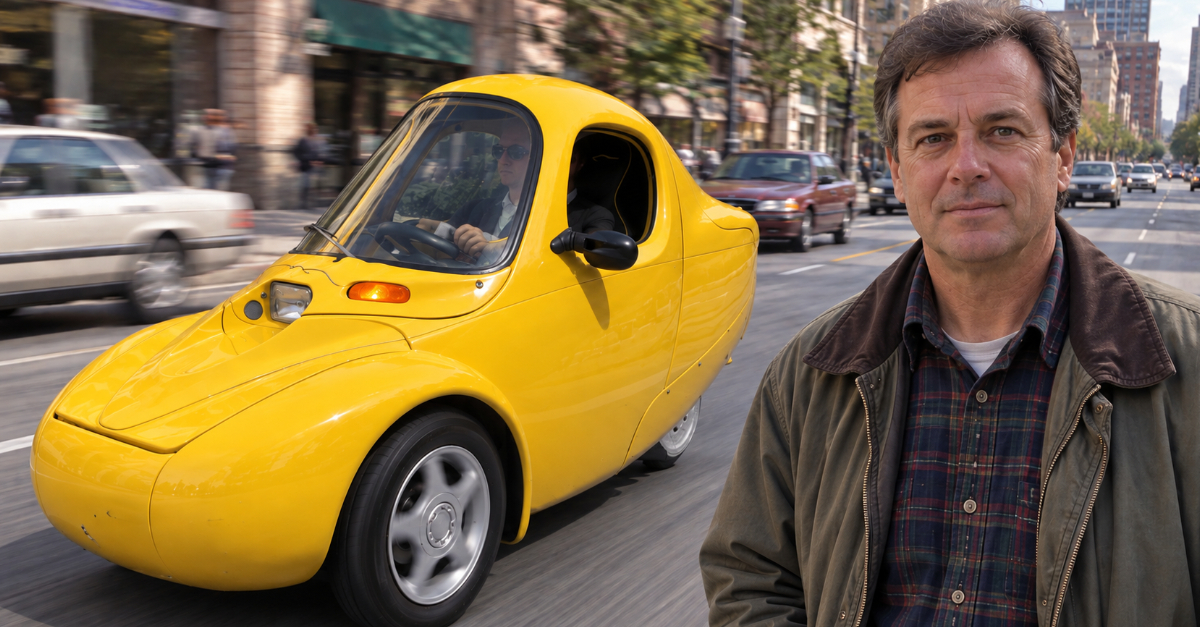 yellow microcar on road, man in foreground looking at camera