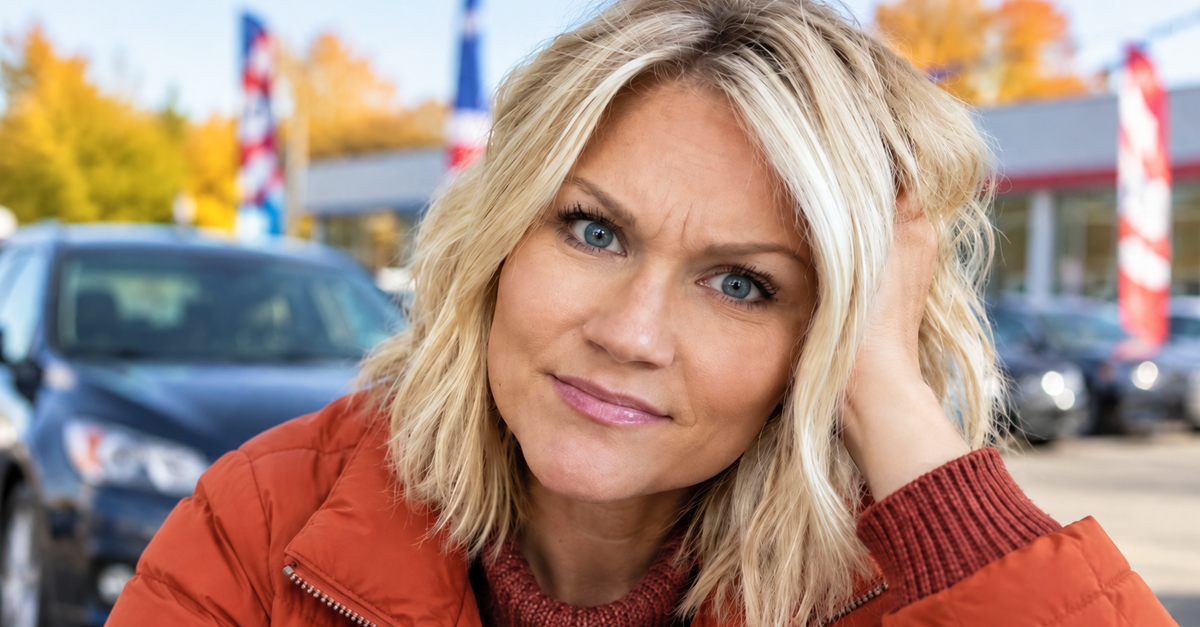 AI-generated image of blonde woman outside car dealership