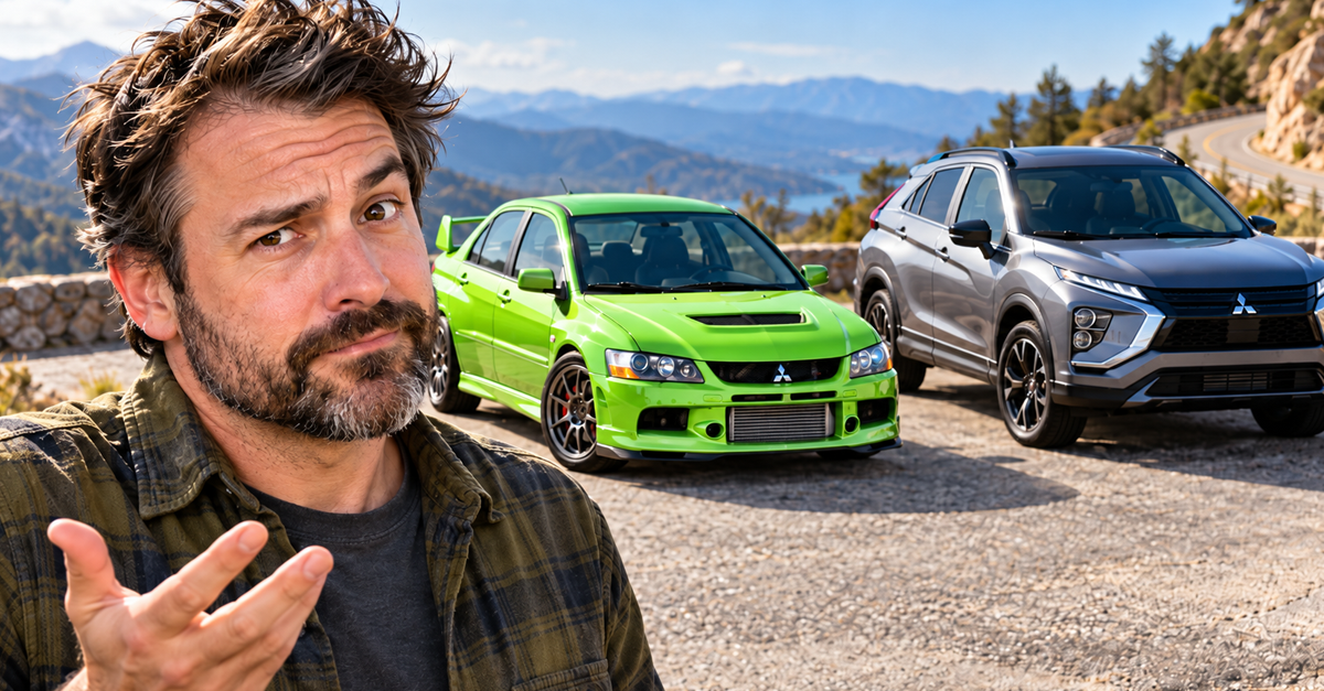 AI-generated image of a man beside a Mitsubishi Lancer Evolution and Eclipse Cross.