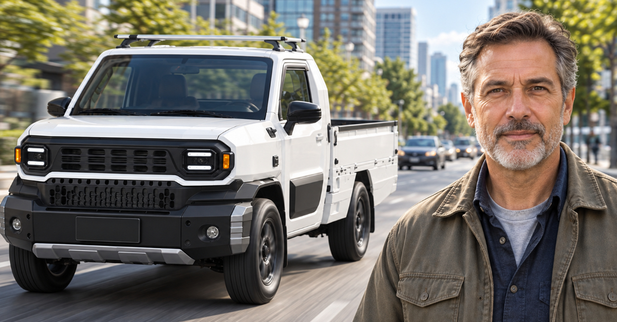 White pickup truck on road, man in foreground looking at camera