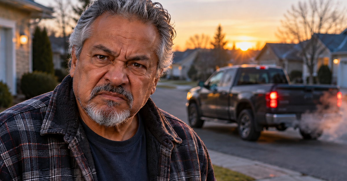 AI-generated image of angry man next to idling truck