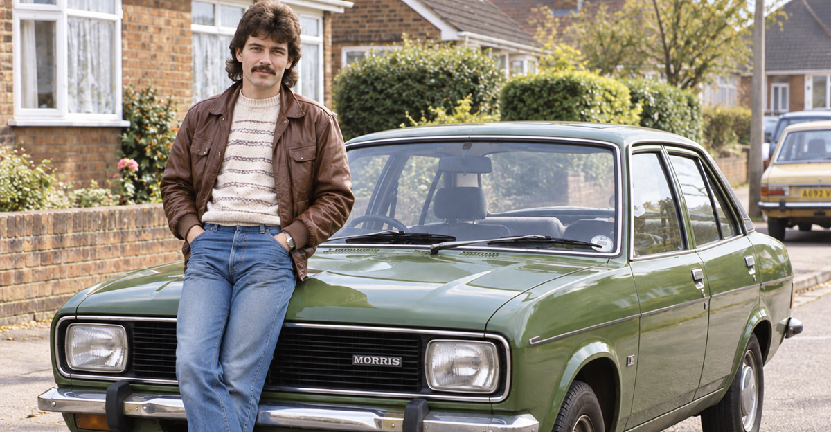 AI-generated image of a man leaning against a Morris Marina.